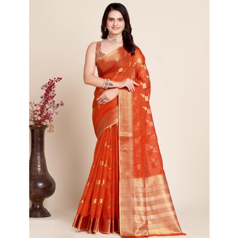 Women's Silk Blend Printed Banarasi Saree With Unstitched Blouse (5.5Mtr, Red)