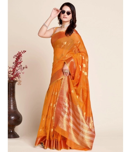 Generic Women's Silk Blend Printed Banarasi Saree With Unstitched Blouse (5.5Mtr, Orange)