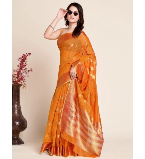 Generic Women's Silk Blend Printed Banarasi Saree With Unstitched Blouse (5.5Mtr, Orange)
