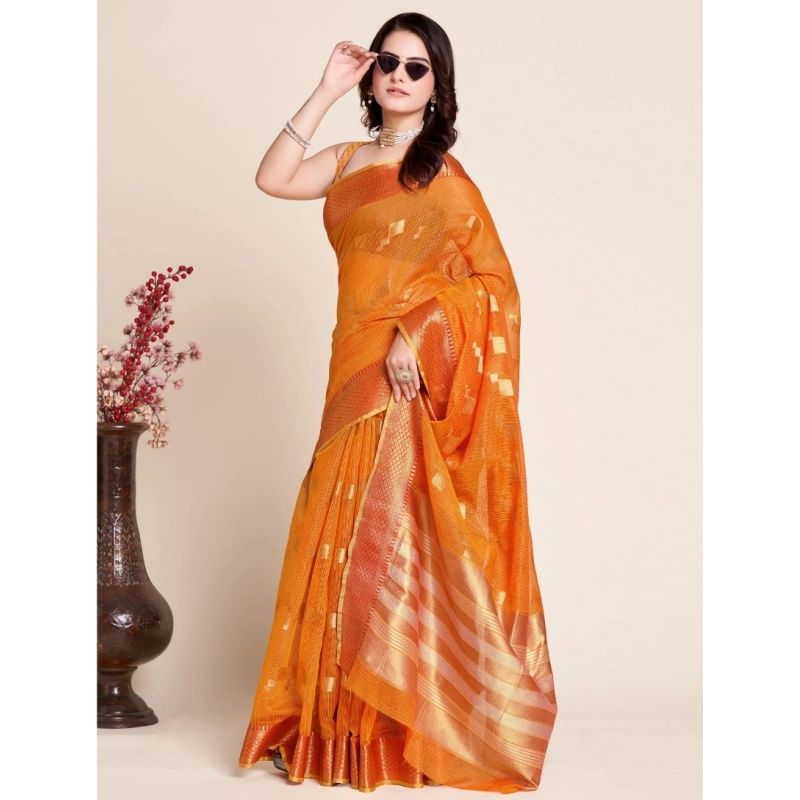 Women's Silk Blend Printed Banarasi Saree With Unstitched Blouse (5.5Mtr, Orange)