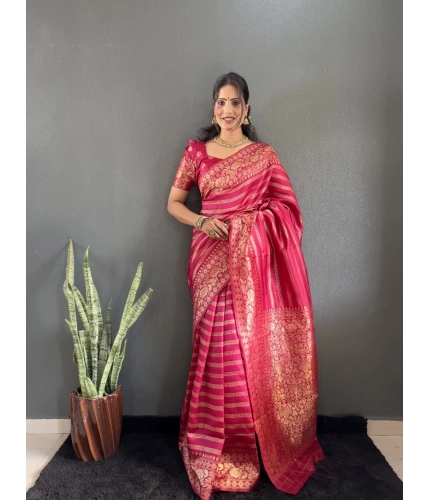 Generic Women's Silk Blend Woven Kanjivaram Saree With Unstitched Blouse (5.5Mtr, Pink)