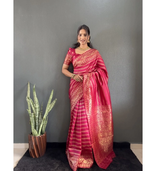 Generic Women's Silk Blend Woven Kanjivaram Saree With Unstitched Blouse (5.5Mtr, Pink)