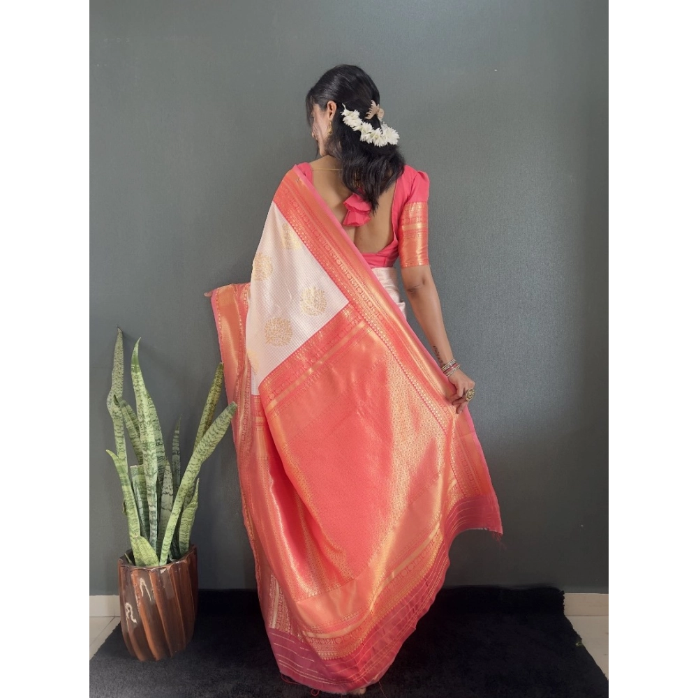 Generic Women's Silk Blend Woven Kanjivaram Saree With Unstitched Blouse (5.5Mtr, Peach) Generic Women's Silk Blend Woven Kanjivaram Saree With Unstitched Blouse (5.5Mtr, Peach)