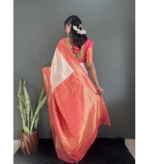 Generic Women's Silk Blend Woven Kanjivaram Saree With Unstitched Blouse (5.5Mtr, Peach)