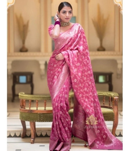 Generic Women's Silk Woven Kanjivaram Saree With Unstitched Blouse (5.5Mtr, Pink)