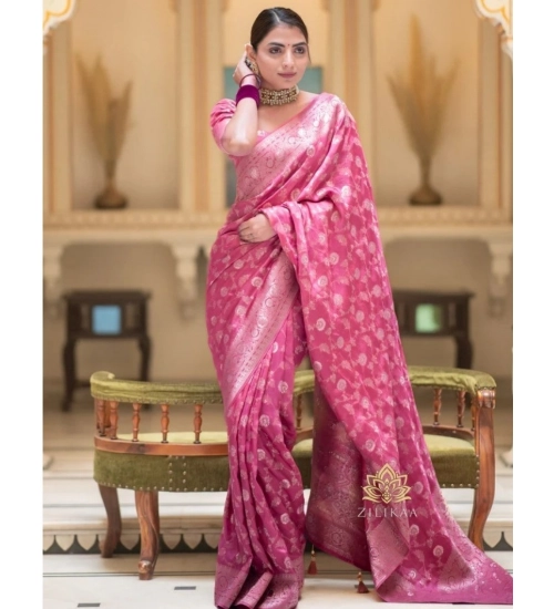 Generic Women's Silk Woven Kanjivaram Saree With Unstitched Blouse (5.5Mtr, Pink)