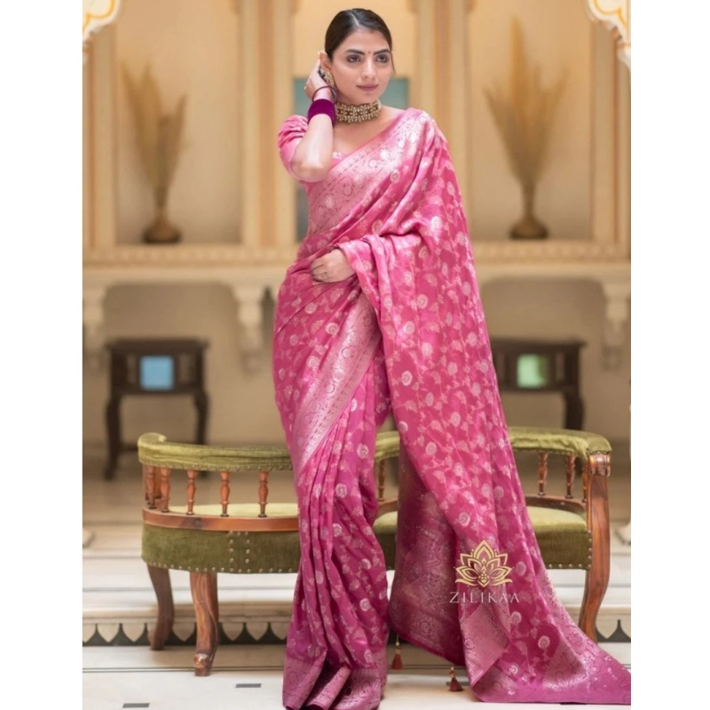 Women's Silk Woven Kanjivaram Saree With Unstitched Blouse (5.5Mtr, Pink) Women's Silk Woven Kanjivaram Saree With Unstitched Blouse (5.5Mtr, Pink)