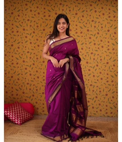 Generic Women's Silk Blend Self Design Bollywood Saree With Unstitched Blouse (5.5Mtr, Purple)
