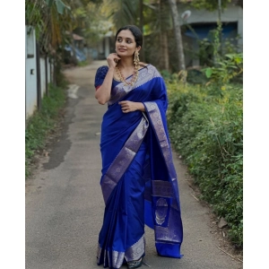 Generic Women's Silk Woven Kanjivaram Saree With Unstitched Blouse (5.5Mtr, Blue)