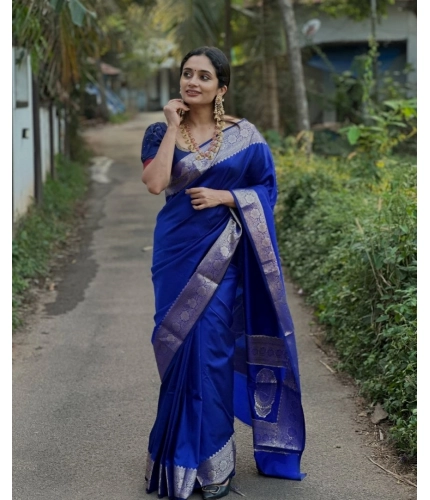 Generic Women's Silk Woven Kanjivaram Saree With Unstitched Blouse (5.5Mtr, Blue)