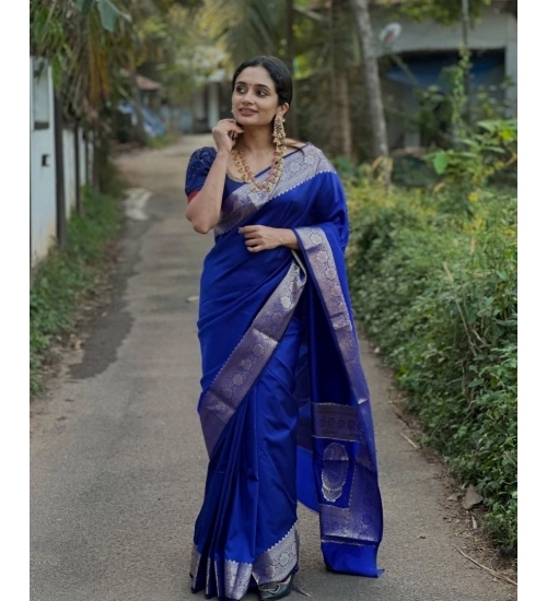Generic Women's Silk Woven Kanjivaram Saree With Unstitched Blouse (5.5Mtr, Blue)