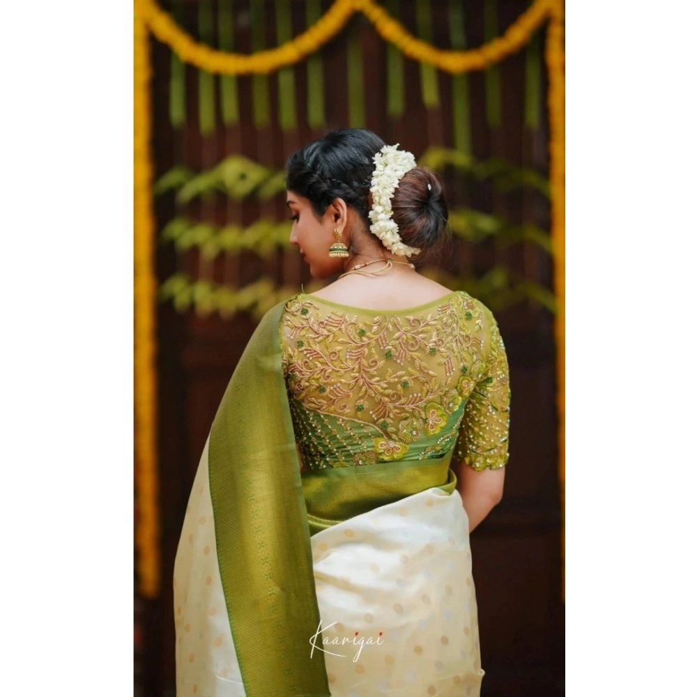 Generic Women's Silk Blend Self Design Banarasi Saree With Unstitched Blouse (5.5Mtr, White Green) Generic Women's Silk Blend Self Design Banarasi Saree With Unstitched Blouse (5.5Mtr, White Green)