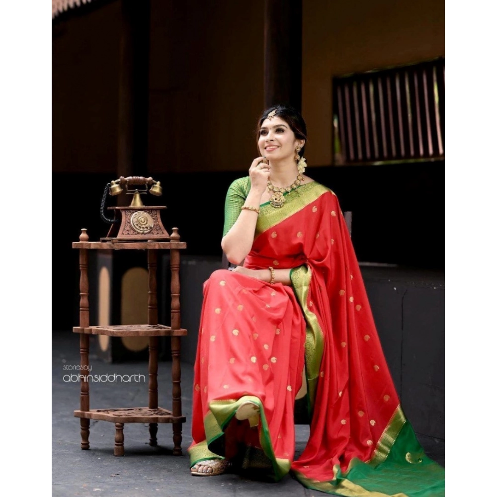 Generic Women's Silk Blend Self Design Banarasi Saree With Unstitched Blouse (5.5Mtr, Red Green) Generic Women's Silk Blend Self Design Banarasi Saree With Unstitched Blouse (5.5Mtr, Red Green)
