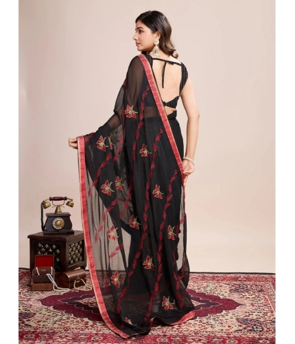 Generic Women's Georgette Printed  Saree With Unstitched Blouse (5.5Mtr, Red)