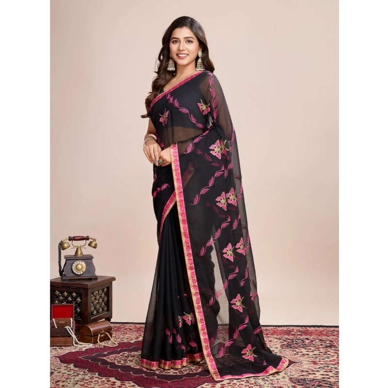 Women's Georgette Printed  Saree With Unstitched Blouse (5.5Mtr, Pink)