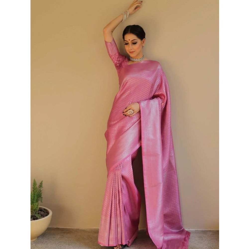Generic Women's Silk Blend Woven Kanjivaram Saree With Unstitched Blouse (5.5Mtr, Pink) Generic Women's Silk Blend Woven Kanjivaram Saree With Unstitched Blouse (5.5Mtr, Pink)