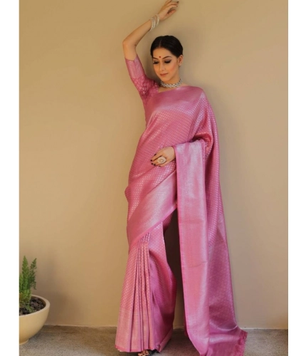 Generic Women's Silk Blend Woven Kanjivaram Saree With Unstitched Blouse (5.5Mtr, Pink)