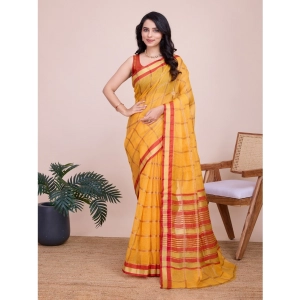 Generic Women's Cotton Silk Checkered Kota Doria Saree With Unstitched Blouse (5.5Mtr, Yellow)