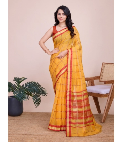 Generic Women's Cotton Silk Checkered Kota Doria Saree With Unstitched Blouse (5.5Mtr, Yellow)