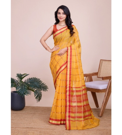 Generic Women's Cotton Silk Checkered Kota Doria Saree With Unstitched Blouse (5.5Mtr, Yellow)