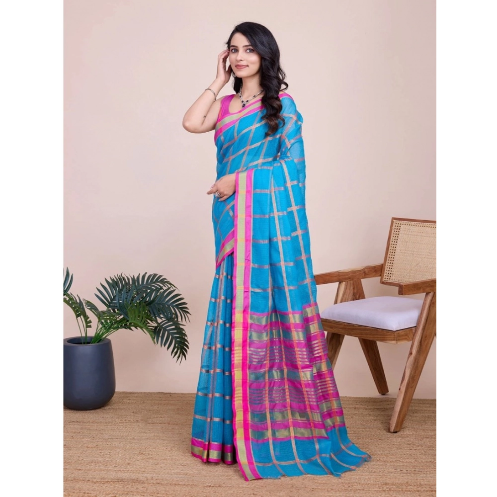 Generic Women's Cotton Silk Checkered Kota Doria Saree With Unstitched Blouse (5.5Mtr, Sky Blue) Generic Women's Cotton Silk Checkered Kota Doria Saree With Unstitched Blouse (5.5Mtr, Sky Blue)