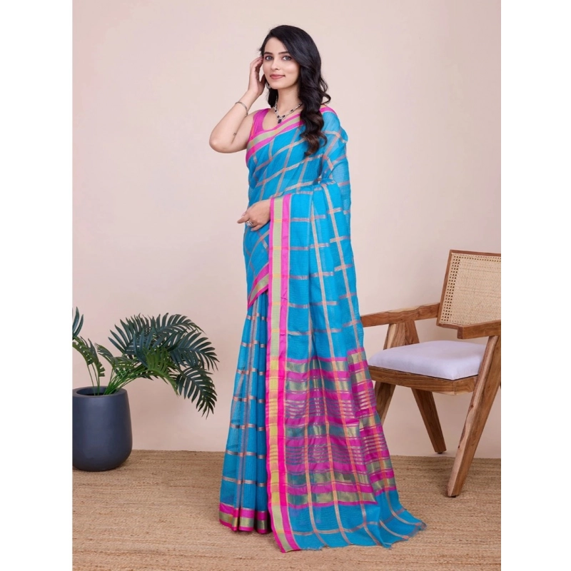Women's Cotton Silk Checkered Kota Doria Saree With Unstitched Blouse (5.5Mtr, Sky Blue)