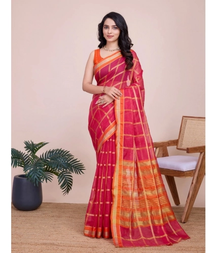 Generic Women's Cotton Silk Checkered Kota Doria Saree With Unstitched Blouse (5.5Mtr, Red)