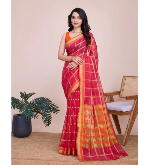 Generic Women's Cotton Silk Checkered Kota Doria Saree With Unstitched Blouse (5.5Mtr, Red)