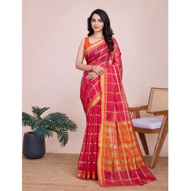 Women's Cotton Silk Checkered Kota Doria Saree With Unstitched Blouse (5.5Mtr, Red) Women's Cotton Silk Checkered Kota Doria Saree With Unstitched Blouse (5.5Mtr, Red)