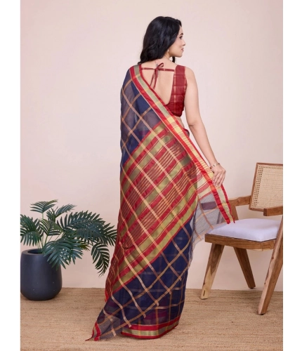 Generic Women's Cotton Silk Checkered Kota Doria Saree With Unstitched Blouse (5.5Mtr, Navy Blue)