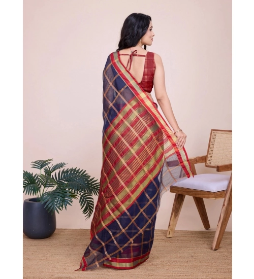 Generic Women's Cotton Silk Checkered Kota Doria Saree With Unstitched Blouse (5.5Mtr, Navy Blue)