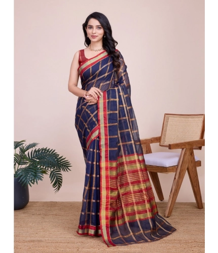 Generic Women's Cotton Silk Checkered Kota Doria Saree With Unstitched Blouse (5.5Mtr, Navy Blue)
