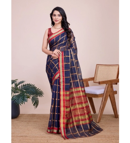 Generic Women's Cotton Silk Checkered Kota Doria Saree With Unstitched Blouse (5.5Mtr, Navy Blue)