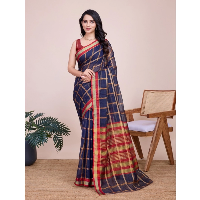Women's Cotton Silk Checkered Kota Doria Saree With Unstitched Blouse (5.5Mtr, Navy Blue) Women's Cotton Silk Checkered Kota Doria Saree With Unstitched Blouse (5.5Mtr, Navy Blue)