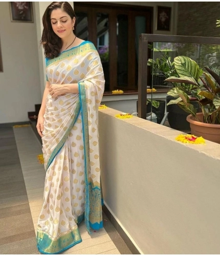 Generic Women's Silk Blend Woven Kanjivaram Saree With Unstitched Blouse (5.5Mtr, White Rama)