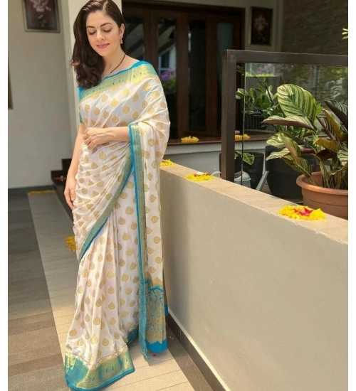 Generic Women's Silk Blend Woven Kanjivaram Saree With Unstitched Blouse (5.5Mtr, White Rama)