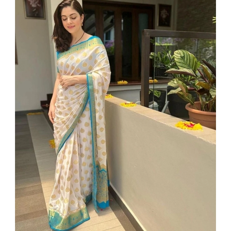 Women's Silk Blend Woven Kanjivaram Saree With Unstitched Blouse (5.5Mtr, White Rama) Women's Silk Blend Woven Kanjivaram Saree With Unstitched Blouse (5.5Mtr, White Rama)