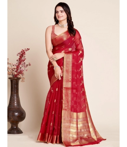 Generic Women's Silk Blend Printed Banarasi Saree With Unstitched Blouse (5.5Mtr, Dark Rani)