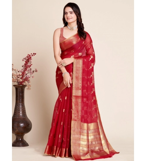 Generic Women's Silk Blend Printed Banarasi Saree With Unstitched Blouse (5.5Mtr, Dark Rani)
