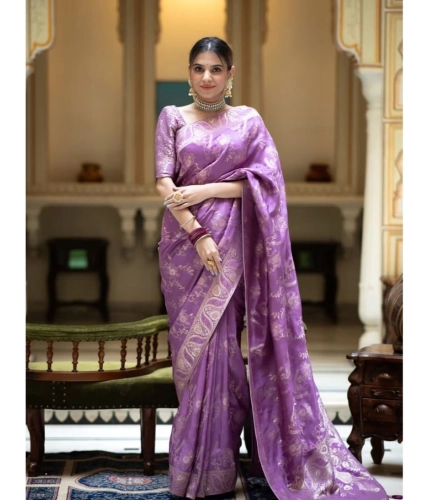 Generic Women's Art Silk Embellished Kanjivaram Saree With Unstitched Blouse (5.5Mtr, Lavender)