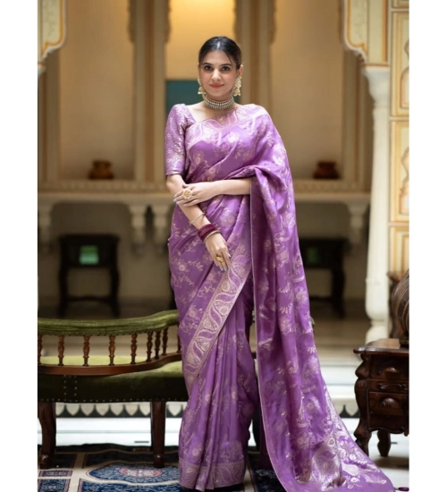 Generic Women's Art Silk Embellished Kanjivaram Saree With Unstitched Blouse (5.5Mtr, Lavender)