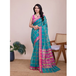 Generic Women's Cotton Silk Checkered Kota Doria Saree With Unstitched Blouse (5.5Mtr, Rama)