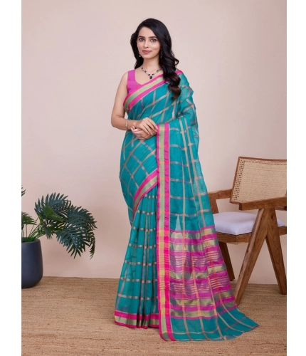 Generic Women's Cotton Silk Checkered Kota Doria Saree With Unstitched Blouse (5.5Mtr, Rama)