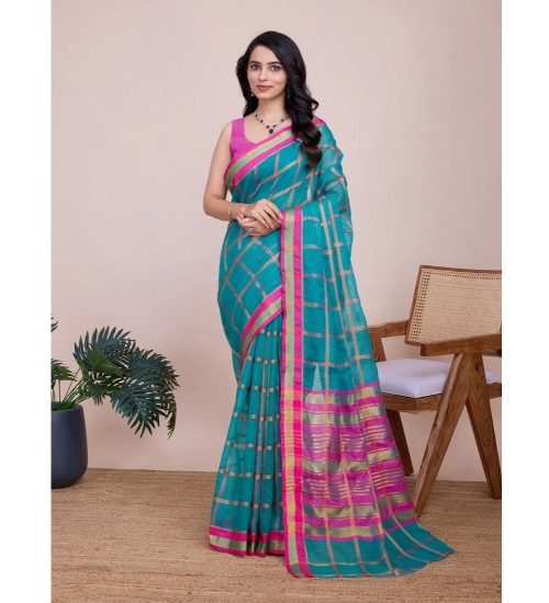 Generic Women's Cotton Silk Checkered Kota Doria Saree With Unstitched Blouse (5.5Mtr, Rama)