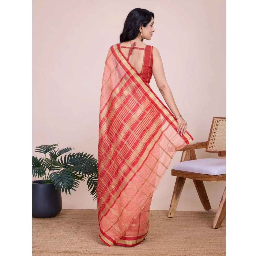 Generic Women's Cotton Silk Checkered Kota Doria Saree With Unstitched Blouse (5.5Mtr, Peach) Generic Women's Cotton Silk Checkered Kota Doria Saree With Unstitched Blouse (5.5Mtr, Peach)