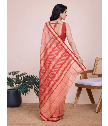 Generic Women's Cotton Silk Checkered Kota Doria Saree With Unstitched Blouse (5.5Mtr, Peach)
