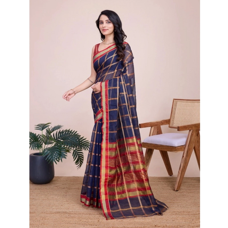 Women's Cotton Silk Checkered Kota Doria Saree With Unstitched Blouse (5.5Mtr, Navy Blue) Women's Cotton Silk Checkered Kota Doria Saree With Unstitched Blouse (5.5Mtr, Navy Blue)