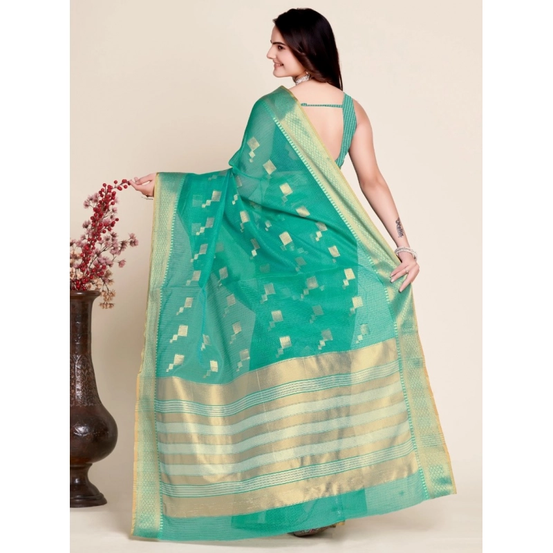 Women's Silk Blend Printed Banarasi Saree With Unstitched Blouse (5.5Mtr, Rama Green)