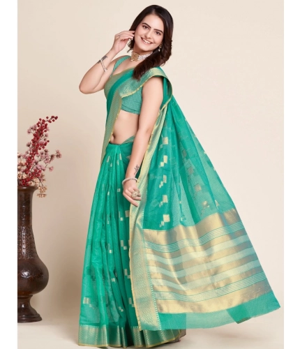 Generic Women's Silk Blend Printed Banarasi Saree With Unstitched Blouse (5.5Mtr, Rama Green)