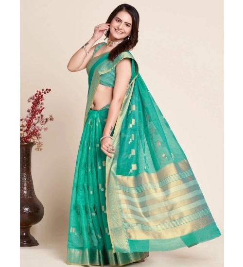 Generic Women's Silk Blend Printed Banarasi Saree With Unstitched Blouse (5.5Mtr, Rama Green)